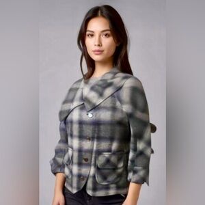 DKNY Jeans Grey Plaid Wool Blend Portrait Collar Jacket Medium (MISSING BUTTONS